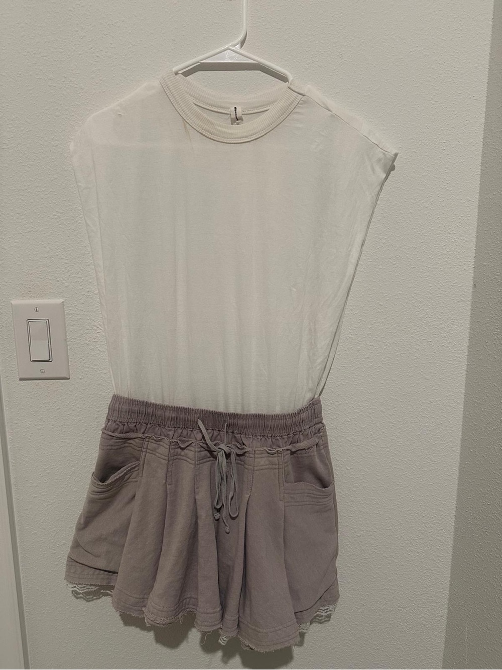 Sleeveless White Top with Light Gray Drawstring Skirted Romper